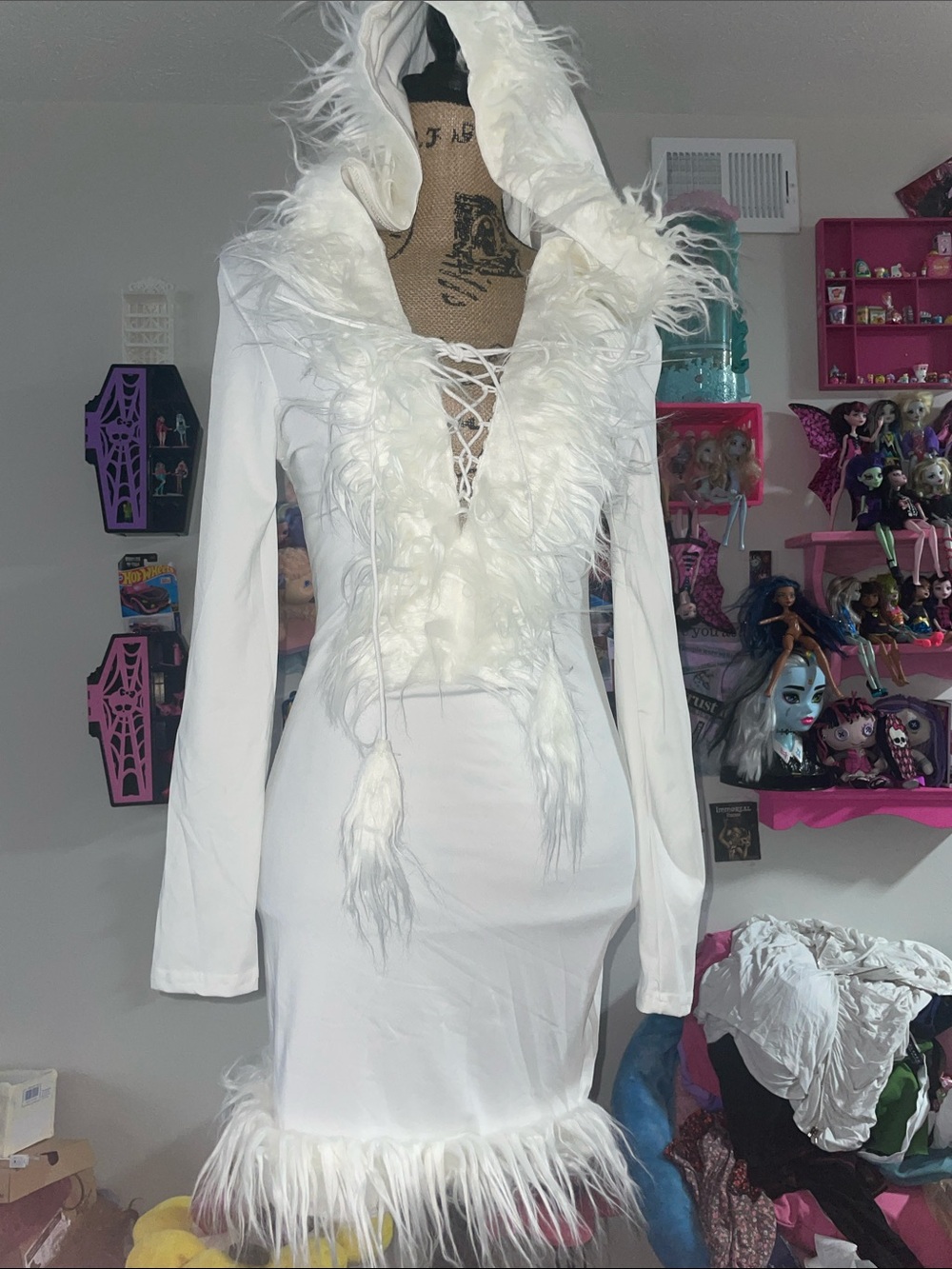 White Faux-Fur Trim Lace-Up Hooded Dress